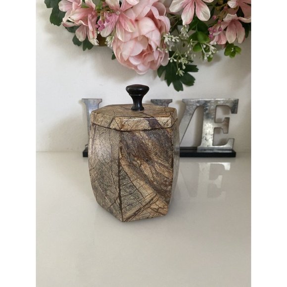 Hexagonal Stone Canister Lidded Container Trinket Box Port To Port Vintage Brown - Picture 10 of 16